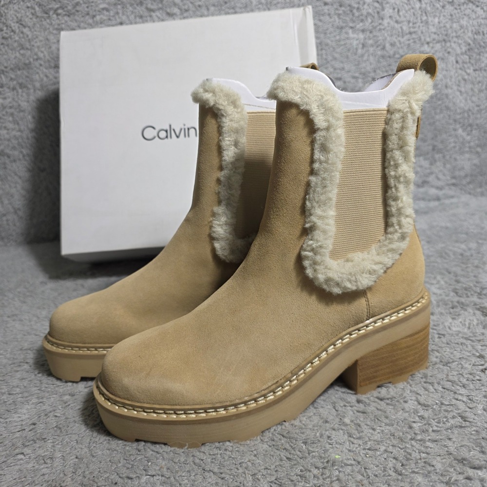 Calvin Klein Anissa Light Natural Suede Fur Trim Chelsea Boots Womens‎ 6M NEW